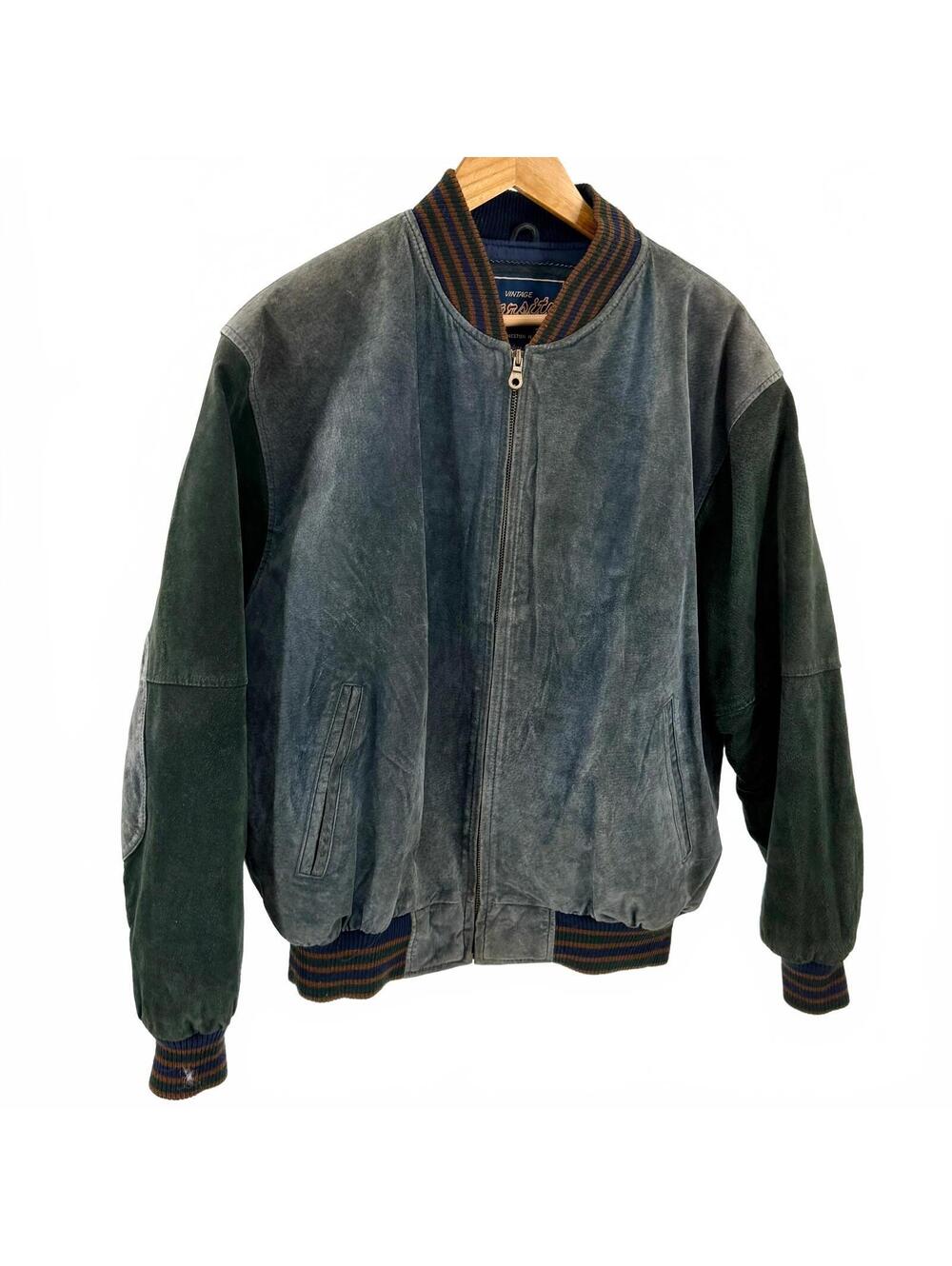 90s Vintage Varsity Suede Blue Green Bomber Jacket
